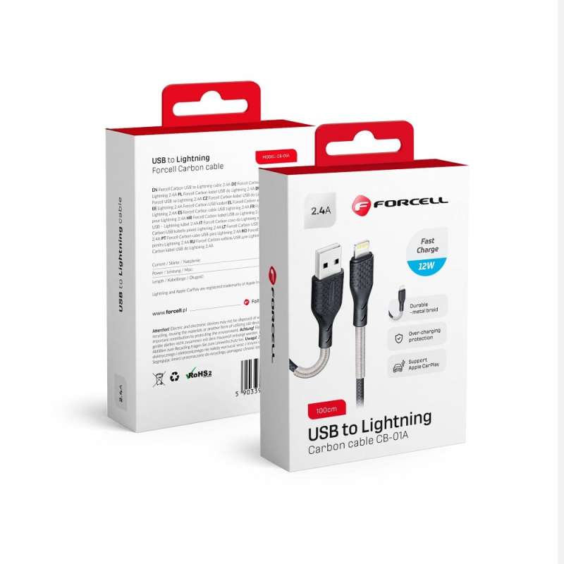 SPOTT-GR Forcell F-Energy Carbon CB-01A - Καλώδιο USB-A σε Lightning 2.4A 12W 1m σε Μαύρο Χρώμα
