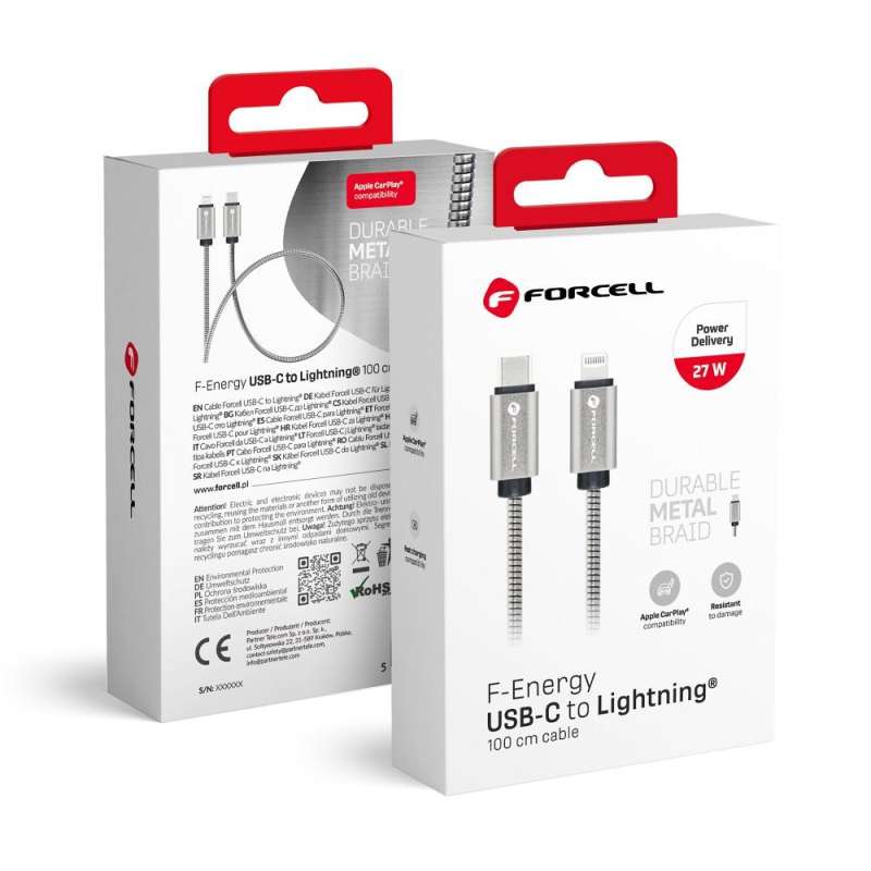 SPOTT-GR Forcell F-Energy Metal C238 - Καλώδιο Type-C σε Lightning PD 3A 27W 1m σε Ασημί Xρώμα