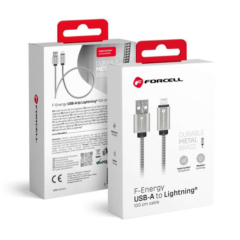 SPOTT-GR Forcell F-Energy Metal C236 - Καλώδιο Καλώδιο USB-A σε Lightning 2.4A 12W 1m σε Ασημί Xρώμα