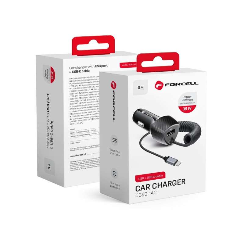 SPOTT-GR Forcell F-Energy Carbon - Φορτιστής Αυτοκινήτου με Υποδοχή USB-A και Ενσωματωμένο Καλώδιο Type-C (PD Quick Charge 3.0 3A 38W) σε Μαύρο Χρώμα (CC50-1AC)