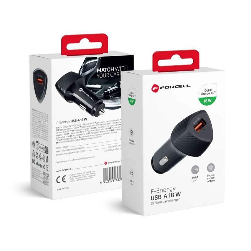 SPOTT-GR Forcell F-Energy Carbon CC50-1A - Φορτιστής Αυτοκινήτου με Υποδοχή USB-A Quick Charge 3.0 3A 18W σε Μαύρο Χρώμα