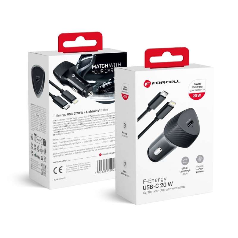 SPOTT-GR Forcell F-Energy Carbon CC50-1C - Φορτιστής Αυτοκινήτου Type-C με Καλώδιο Type-C σε Lightning PD 3A 20W σε Μαύρο Χρώμα