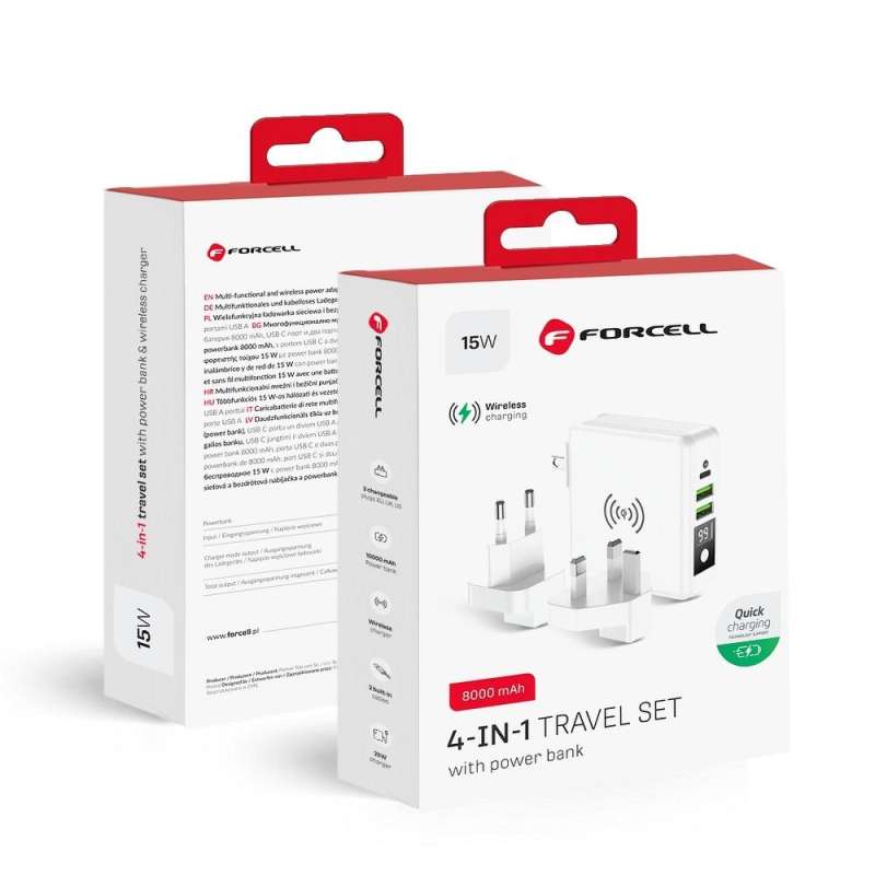SPOTT-GR Forcell F-Energy Multifunctional Charger - Πολυφορτιστής 4 σε 1 με Υποδοχές 2 x USB-A, 1 x Type-C, Ενσωματωμένο Power Bank 8000mAh και Ασύρματη Φόρτιση (15W) σε Άσπρο Χρώμα