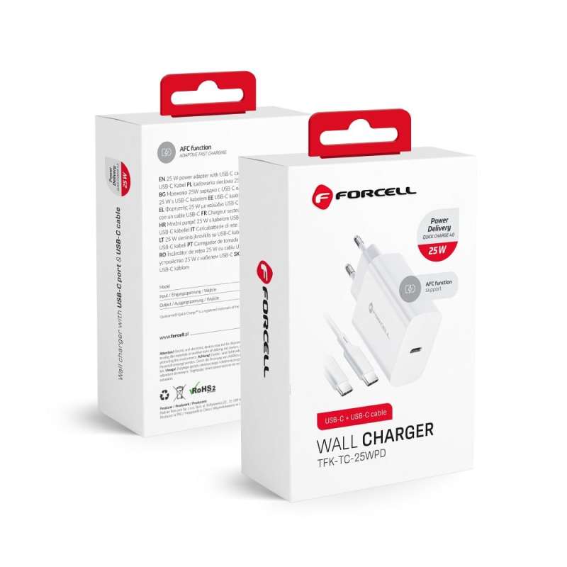 SPOTT-GR Forcell F-Energy TFK-TC-25WPD - Φορτιστής με Υποδοχή Type-C PD QC 4 3A 25W με Καλώδιο Type-C σε Type-C - Άσπρος