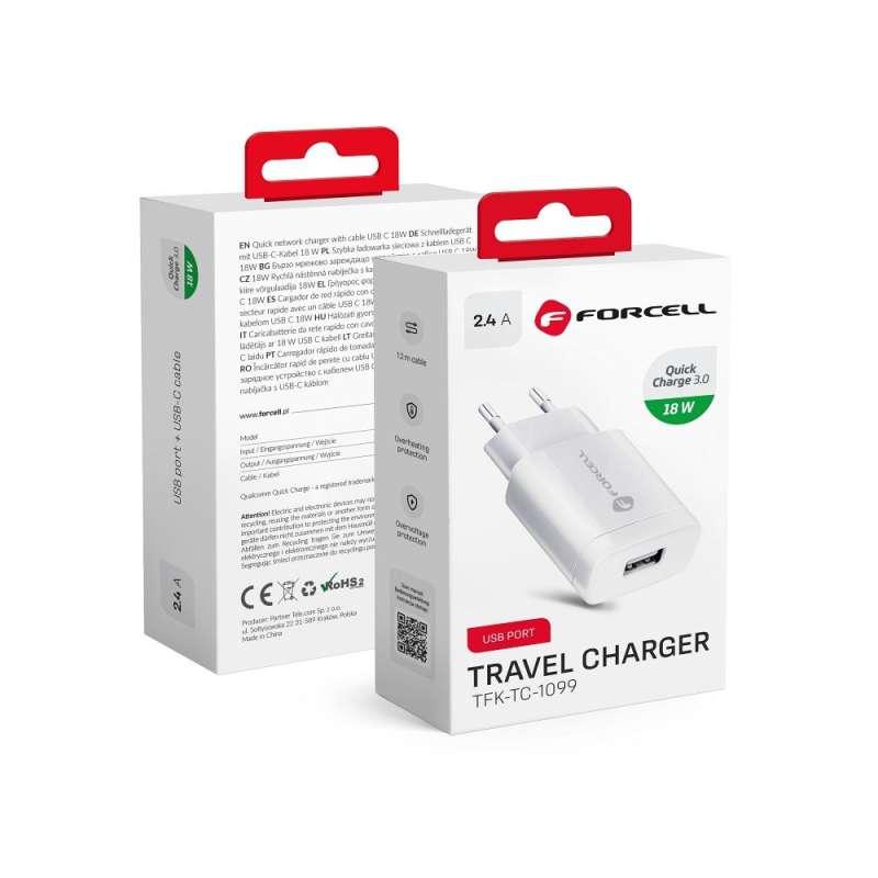 SPOTT-GR Forcell F-Energy TFK-TC-1099 - Φορτιστής USB-A Quick Charge 3.0 2.4A 18W σε Άσπρο Xρώμα