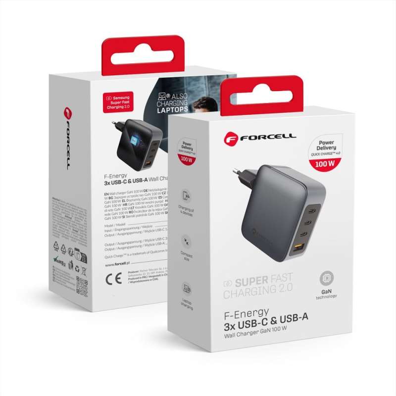 SPOTT-GR Forcell F-Energy GaN VT-46 - Φορτιστής με Υποδοχές 3 x Type-C, 1 x USB-A PD QC 4.0 5A 100W σε Γκρι Xρώμα