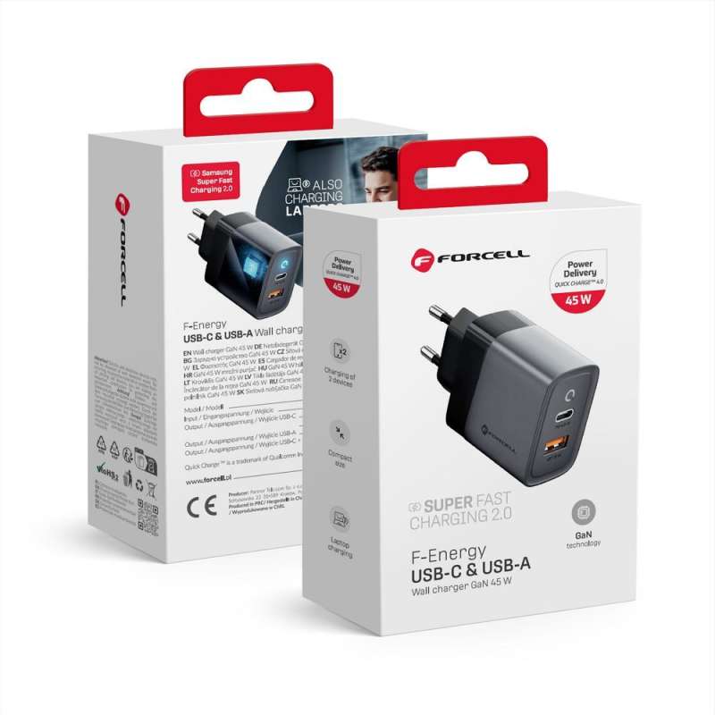 SPOTT-GR Forcell F-Energy GaN VT-39 - Φορτιστής με Υποδοχές Type-C και USB-A QC 4.0 4A 45W σε Γκρι Xρώμα