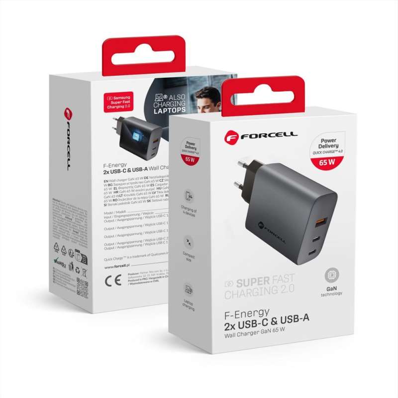 SPOTT-GR Forcell F-Energy VT-42B - Φορτιστής με Υποδοχές 2 x Type-C & 1x USB-A QC 4.0 4A 65W - Γκρι