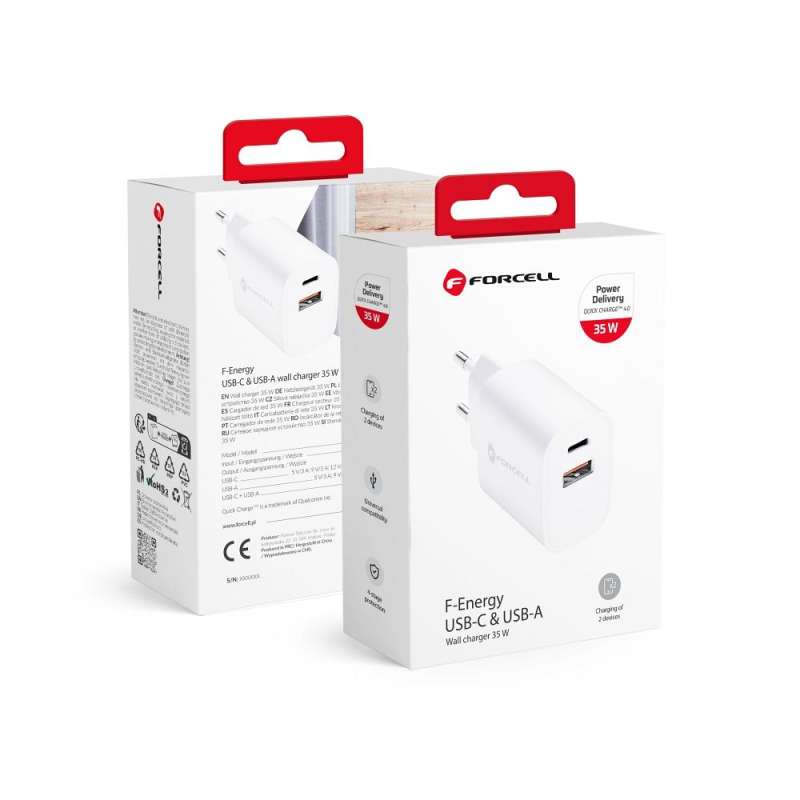 SPOTT-GR Forcell F-Energy TFK-TC-35WPD - Φορτιστής με Υποδοχές 1 x Type-C και 1 x USB-A QC 4.0 3A 35W σε Άσπρο Xρώμα