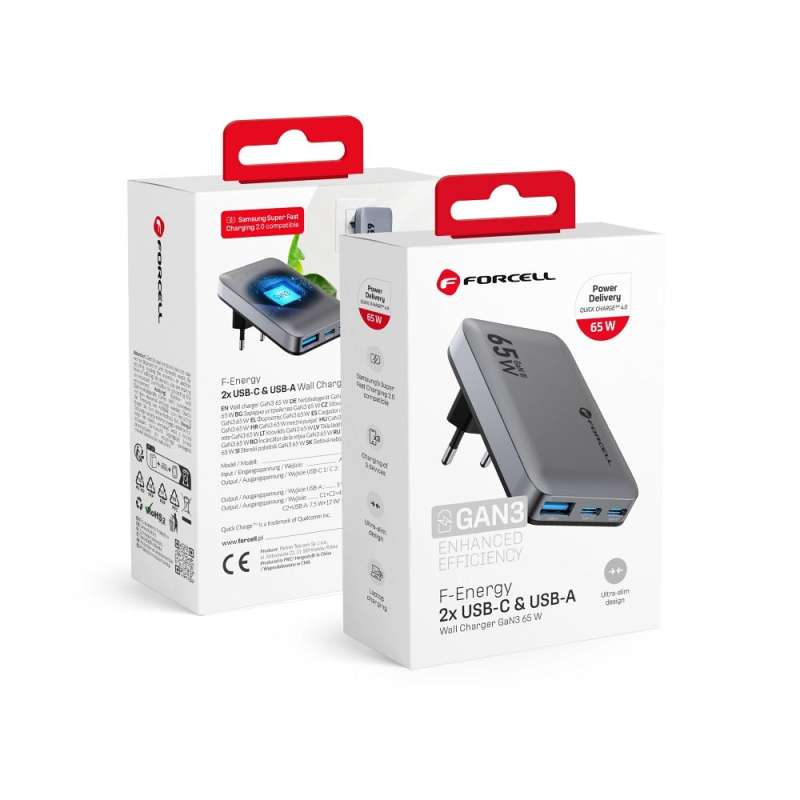 SPOTT-GR Forcell F-Energy VT-47 Ultra Slim - Λεπτό Φορτιστής με Υποδοχές 2 x Type-C και 1 x USB-A QC 4.0 4A 65W σε Γκρι Xρώμα
