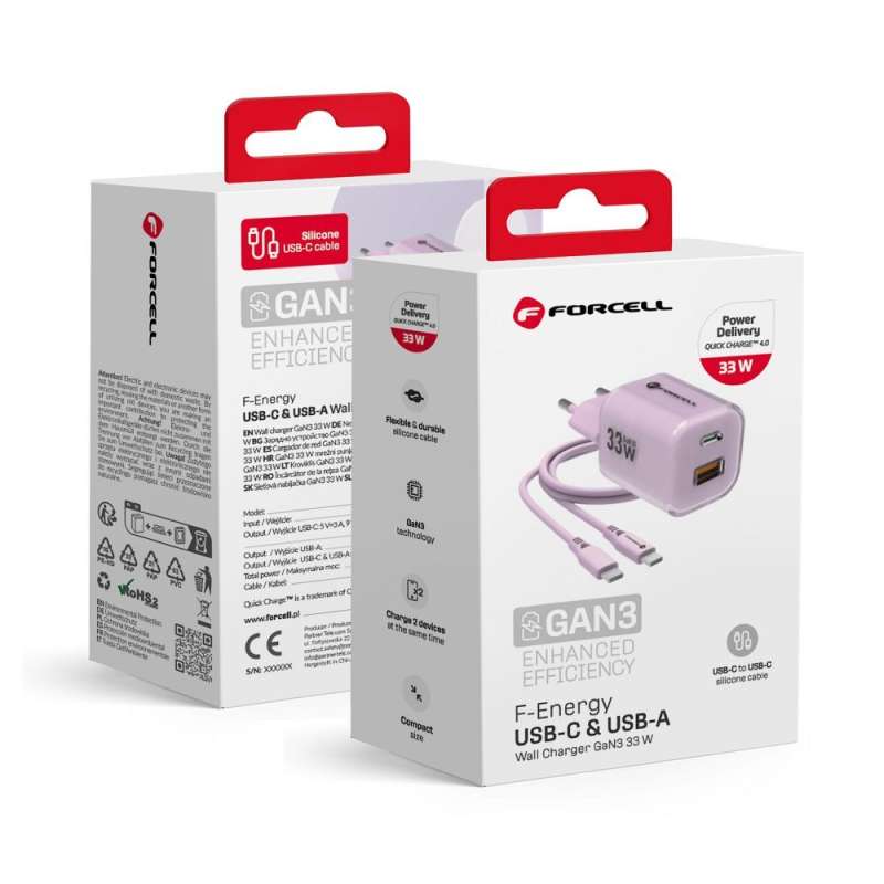 SPOTT-GR Forcell F-Energy Crystal Color VT-41 - Φορτιστής με Υποδοχές 1 x Type-C και 1x USB-A και Καλώδιο Type-C QC 4.0 33W σε Μωβ Xρώμα