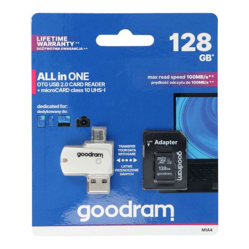 SPOTT-GR GoodRAM M1A4 - Κάρτα Μνήμης microSD 128GB Class 10 UHS-I U1 με Διπλή Υποδοχή USB-A και Micro USB και Αντάπτορα SD