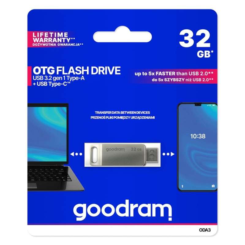 SPOTT-GR GoodRAM ODA3 - USB Stick με Υποδοχές USB-A και Type-C 32GB USB3.2 με Υποστήριξη OTG σε Γκρι Χρώμα
