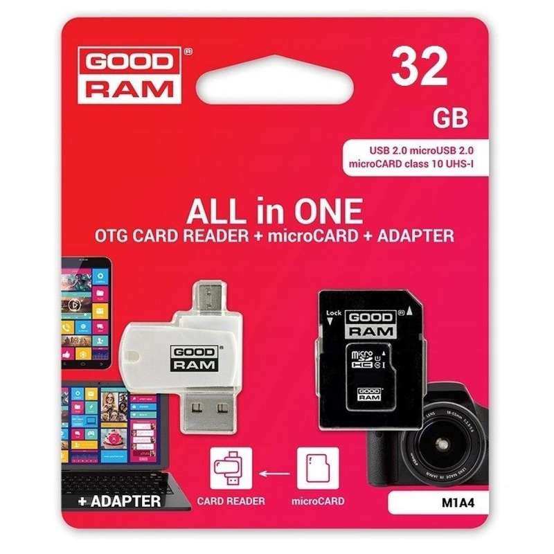SPOTT-GR GoodRAM M1A4 - Κάρτα Μνήμης microSD 32GB Class 10 UHS-I U1 με Διπλή Υποδοχή USB-A και Micro USB και Αντάπτορα SD