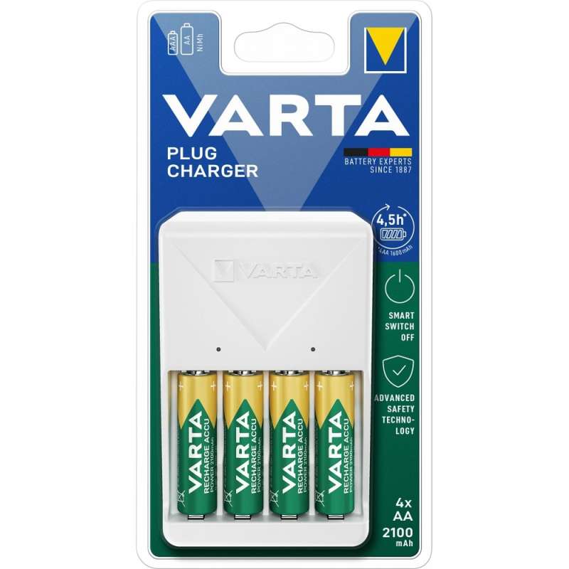 SPOTT-GR Varta 57657 Plug Charger - Φορτιστής Μπαταριών AA  με 4 Επαναφορτιζόμενες Μπαταρίες R6 (AA) 2100mAh σε Άσπρο Χρώμα