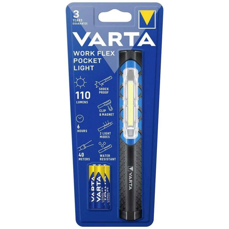 SPOTT-GR Varta 17647 Work Flex Pocket Light - Φακός Μπαταρίας LED IPX4 με Φωτεινότητα έως 110lm και 3 Μπαταρίες R3 (AAA) σε Μαύρο Χρώμα