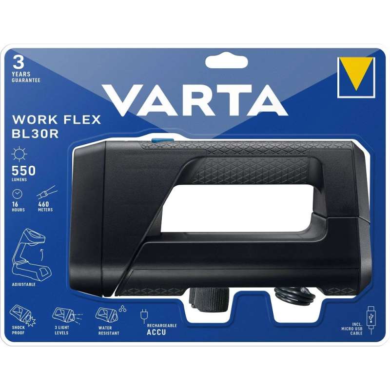 SPOTT-GR Varta BLR30R Work Flex - Επαναφορτιζόμενος Φακός LED IPX4 με Μέγιστη Φωτεινότητα 300lm σε Μαύρο Χρώμα