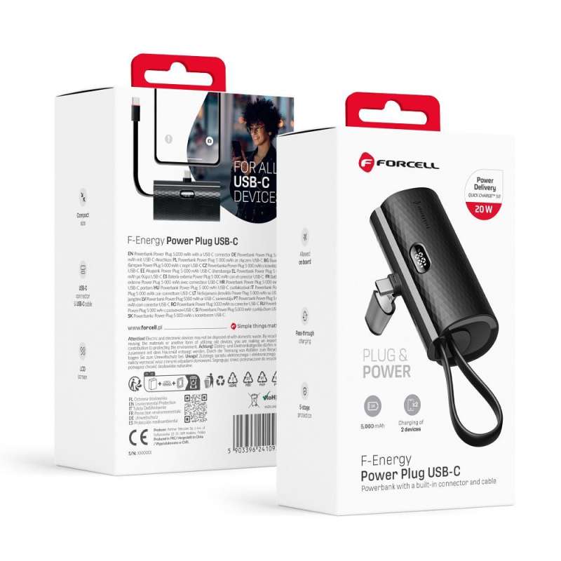 SPOTT-GR Forcell F-Energy Power Plug F5K3 - Power Bank με Ενσωματωμένη Υποδοχή Καλώδιο Type-C (PD 20W) 5000mAh σε Μαύρο Xρώμα