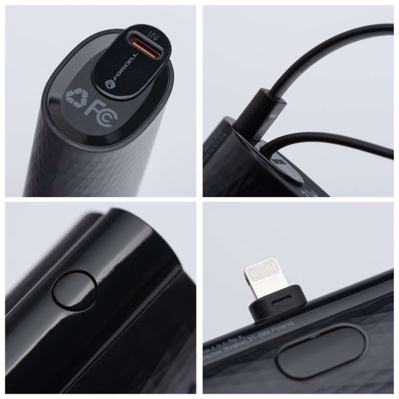 SPOTT-GR Forcell F-Energy Power Plug F5K3 - Power Bank με Ενσωματωμένη Υποδοχή Lightning και Καλώδιο Type-C (PD 20W) 5000mAh σε Μαύρο Xρώμα