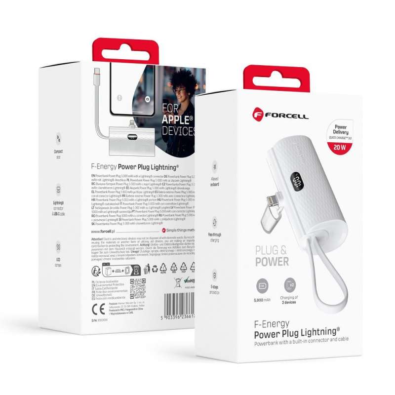SPOTT-GR Forcell F-Energy Power Plug F5K3 - Power Bank με Ενσωματωμένη Υποδοχή Lightning και Καλώδιο Type-C (PD 20W) 5000mAh σε Άσπρο Xρώμα