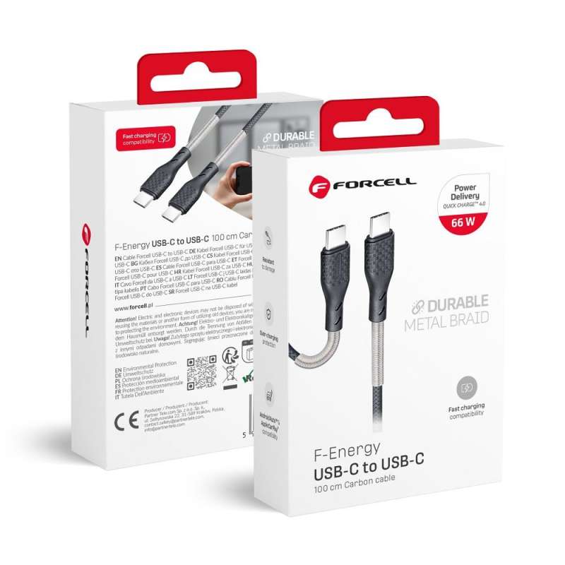 SPOTT-GR Forcell F-Energy Carbon CB-02C Καλώδιο Type-C σε Type-C QC 4.0 5A 66W 1m - Μαύρο