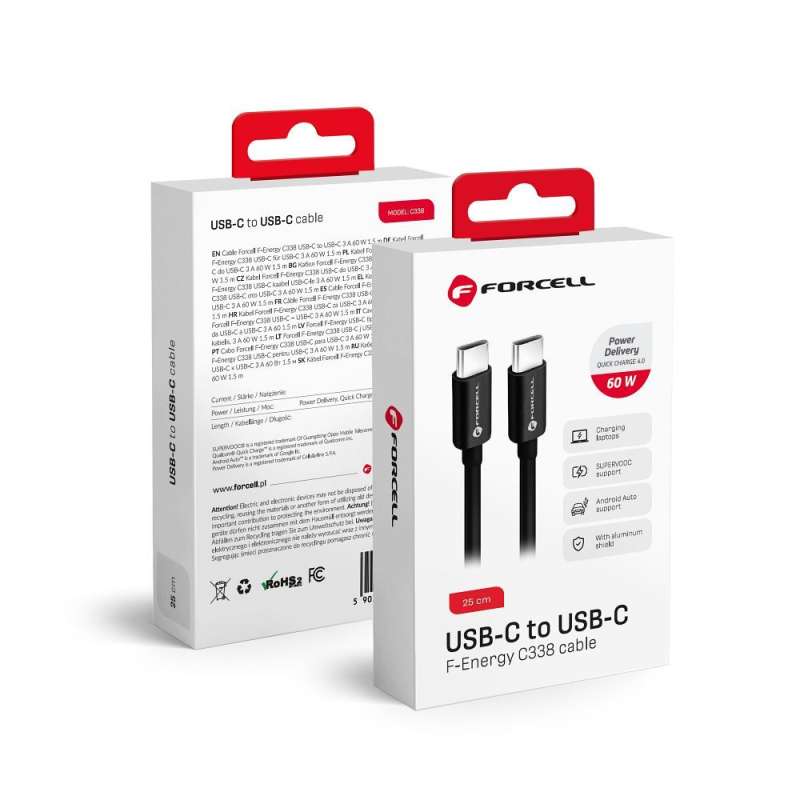 SPOTT-GR Forcell F-Energy C338 - Καλώδιο Type-C σε Type-C QC 4.0 3A 60W 0.25m - Μαύρο
