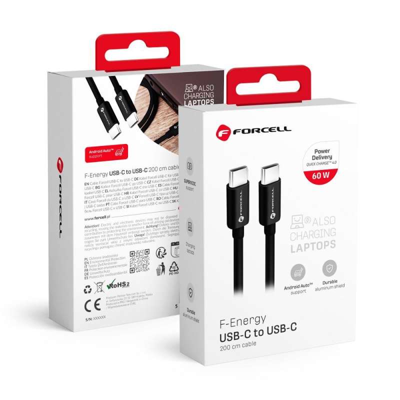 SPOTT-GR Forcell F-Energy C338 - Καλώδιο Type-C σε Type-C QC 4.0 3A 60W 2m - Μαύρο