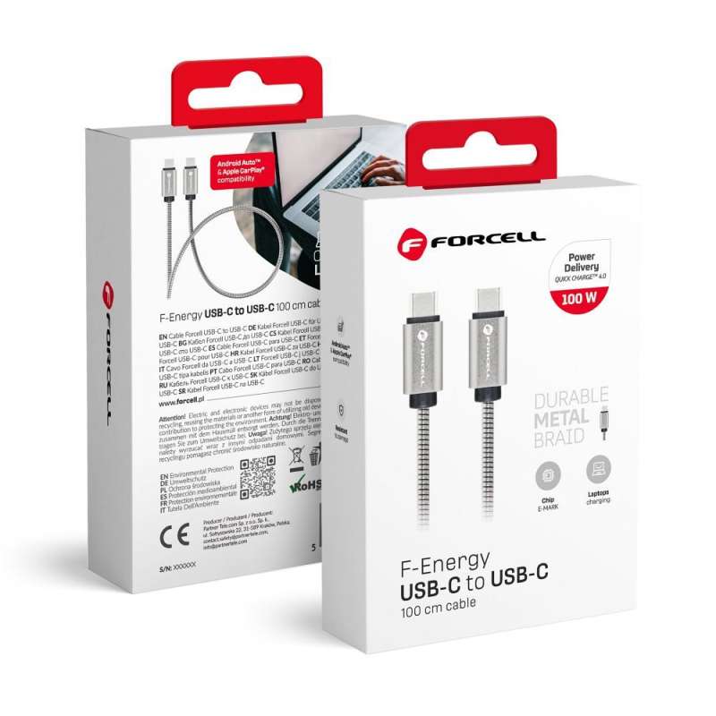 SPOTT-GR Forcell F-Energy Metal C239 - Καλώδιο Type-C σε Type-C QC 4.0 5A 100W (E-Mark Chip) 1m - Ασημί