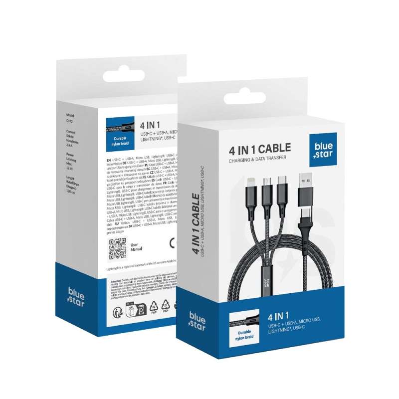 SPOTT-GR Blue Star C172 - Καλώδιο 4 σε 1 Type-C / USB-A σε Micro USB / Lightning / Type-C 2.4A 12W 1.2m - Μαύρο