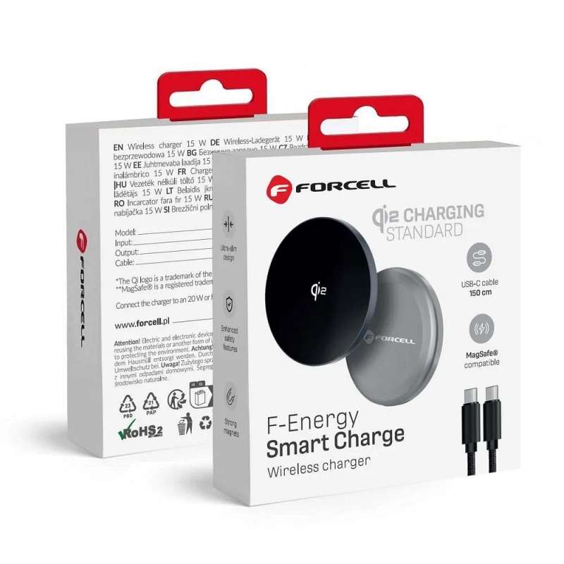SPOTT-GR Forcell F-Energy Smart Charge Qi2 - Ασύρματος Φορτιστής 15W με Αποσπώμενο Καλώδιο 1.5m και Υποστήριξη MagSafe - Ασημί