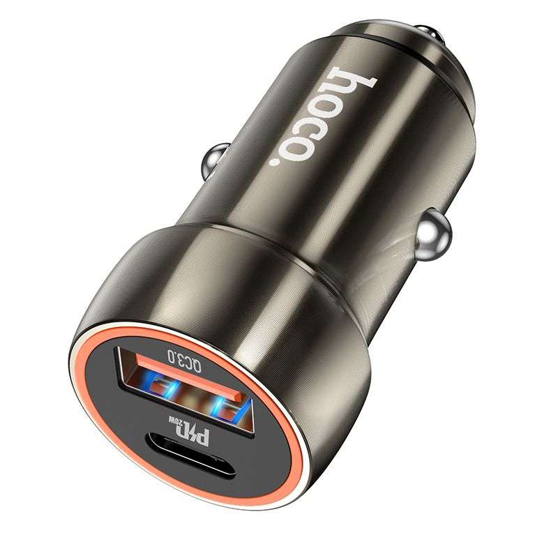 SPOTT-GR Hoco Z46A - Φορτιστής Αυτοκινήτου με Υποδοχές USB-A / Type-C (PD Quick Charge 3.0 3A 20W) σε Γκρι Xρώμα