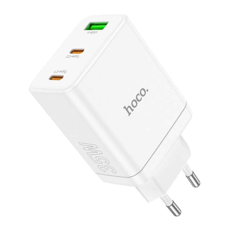 SPOTT-GR Hoco N33 - Φορτιστής με Υποδοχές 2 x Type-C και USB-A PD Quick Charge 3.0 3A 35W - Άσπρος