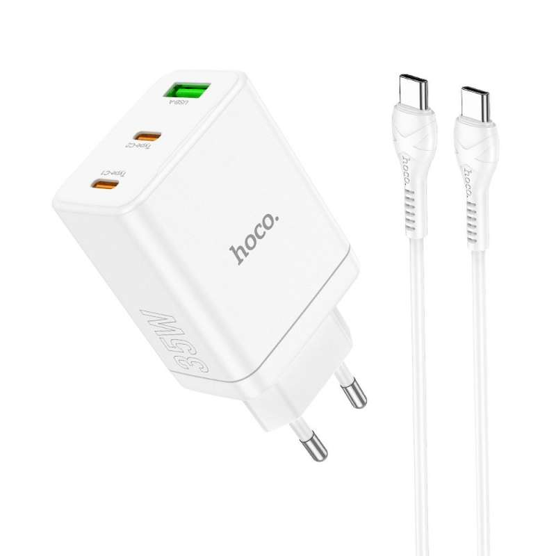 SPOTT-GR Hoco N33 - Φορτιστής με Υποδοχές 2 x Type-C και USB-A και Καλώδιο Type-C σε Type-C PD Quick Charge 3.0 3A 35W - Άσπρος