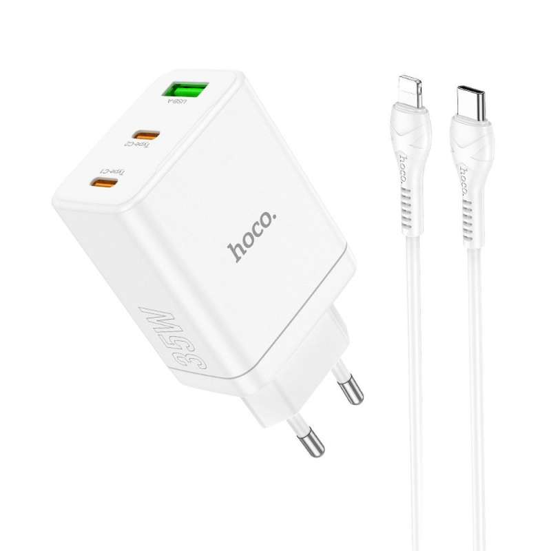 SPOTT-GR Hoco N33 - Φορτιστής με Υποδοχές 2 x Type-C και USB-A και Καλώδιο Type-C σε Lightning PD Quick Charge 3.0 3A 35W - Άσπρη