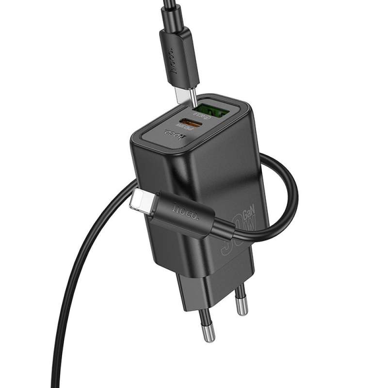 SPOTT-GR Hoco N63 - Φορτιστής με Υποδοχές USB-A και Type-C και Καλώδιο Type-C σε Lightning PD Quick Charge 3.0 3A 30W - Μαύρο