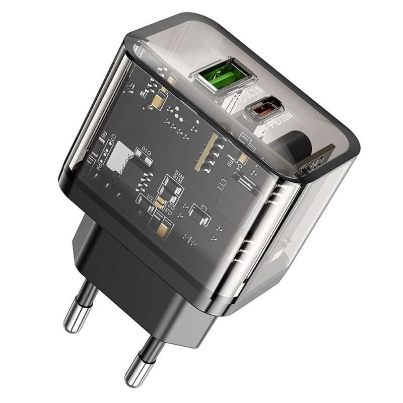 SPOTT-GR Hoco N34 - Διάφανος Φορτιστής με Υποδοχές USB-A και Type-C PD Quick Charge 3.0 3A 20W
