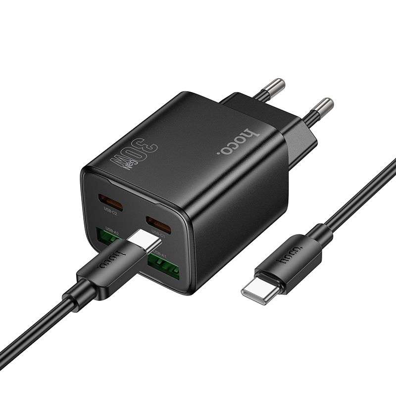 SPOTT-GR Hoco N56 - Φορτιστής με Υποδοχές 2 x Type-C και 2 x USB-A και Καλώδιο Type-C σε Type-C PD Quick Charge 3.0 3A 30W - Μαύρος