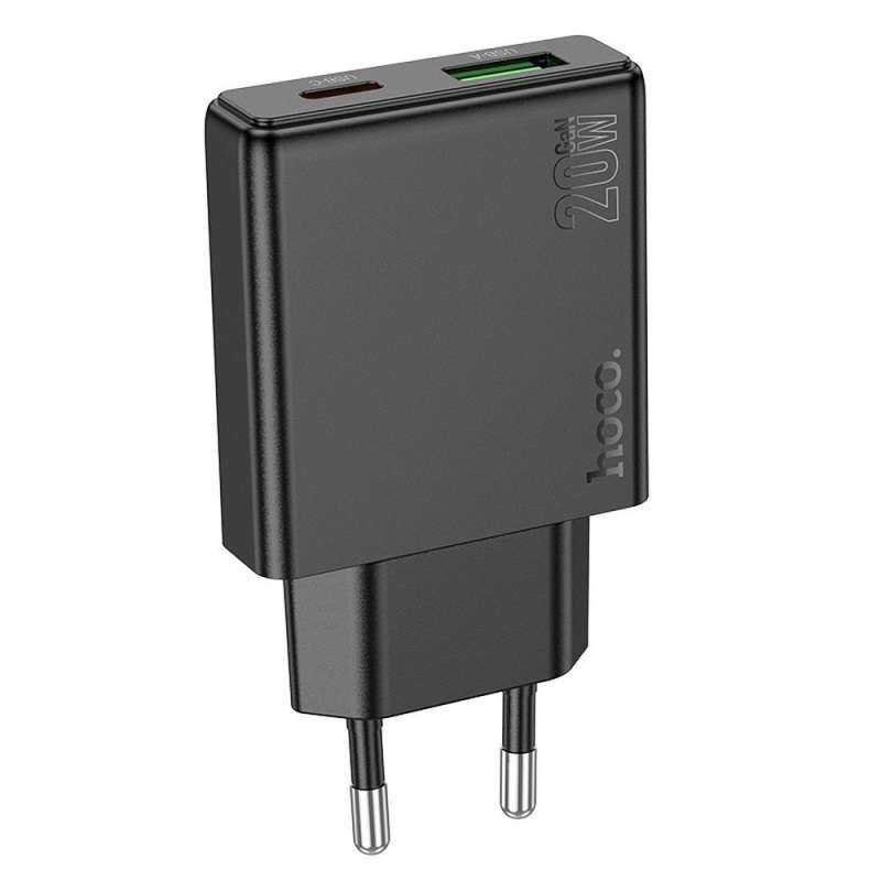 SPOTT-GR Hoco N38 - Φορτιστής με Υποδοχές USB-A και Type-C με Λεπτό Σχεδιασμό PD Quick Charge 3.0 3A 20W - Μαύρος