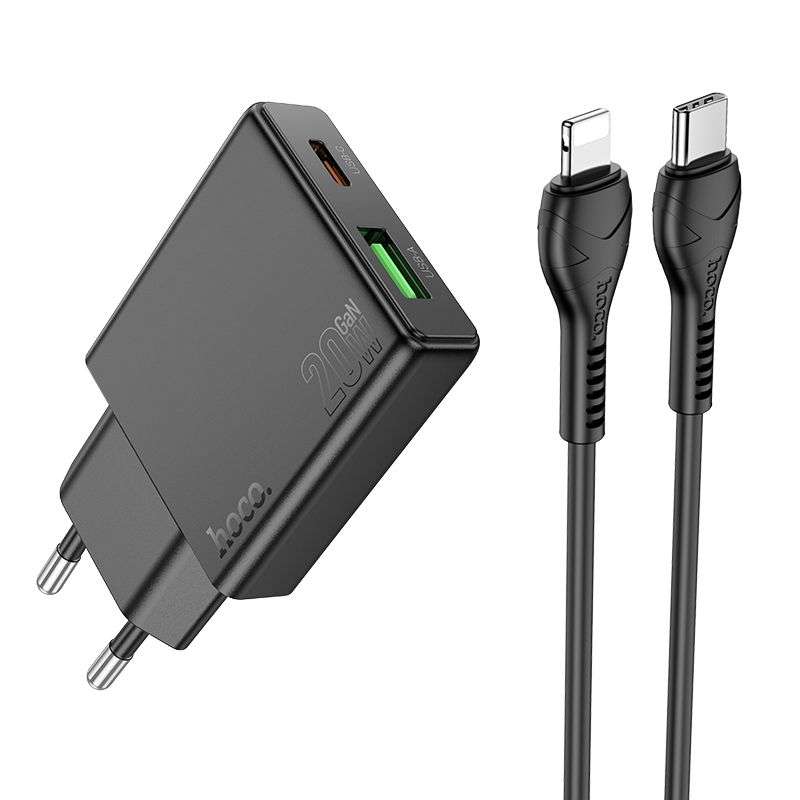 SPOTT-GR Hoco N38 - Φορτιστής με Υποδοχές 1 x USB-A, 1 x Type-C και Καλώδιο Type-C σε Lightning Quick Charge 3.0 3A 20W - Μαύρο