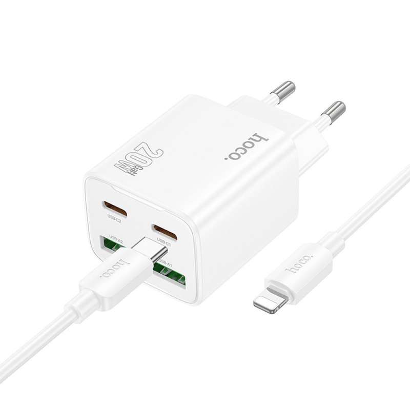 SPOTT-GR Hoco N55 - Φορτιστής με Υποδοχές 2 x Type-C και 2 x USB-A και Καλώδιο Type-C σε Lightning PD Quick Charge 3.0 3A 20W - Άσπρος