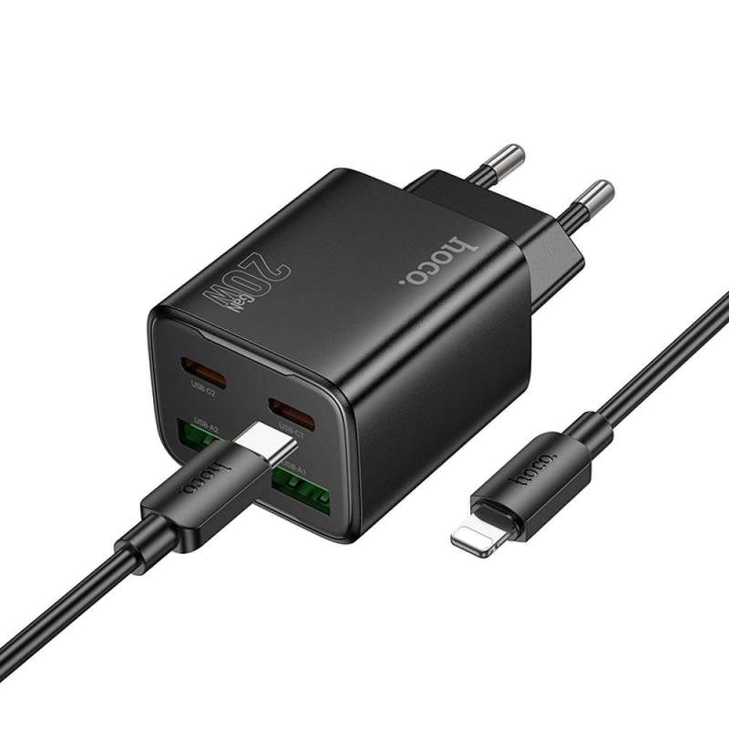 SPOTT-GR Hoco N55 - Φορτιστής με Υποδοχές 2 x Type-C και 2 x USB-A και Καλώδιο Type-C σε Lightning PD Quick Charge 3.0 3A 20W - Μαύρος