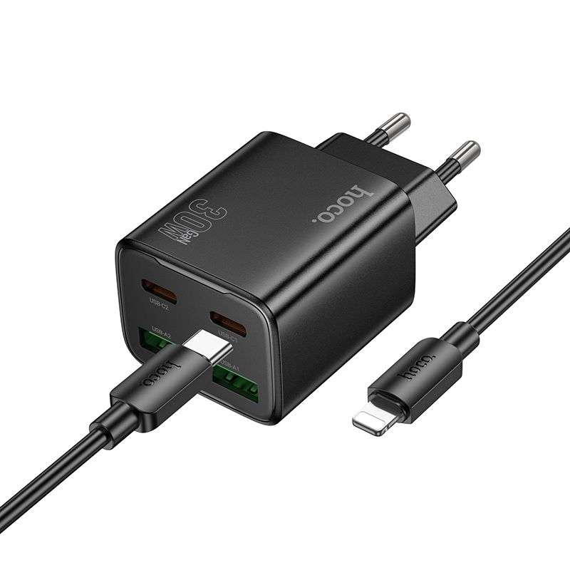 SPOTT-GR Hoco N56 - Φορτιστής με Υποδοχές 2 x Type-C και 2 x USB-A και Καλώδιο Type-C σε Lightning PD Quick Charge 3.0 3A 30W - Μαύρος