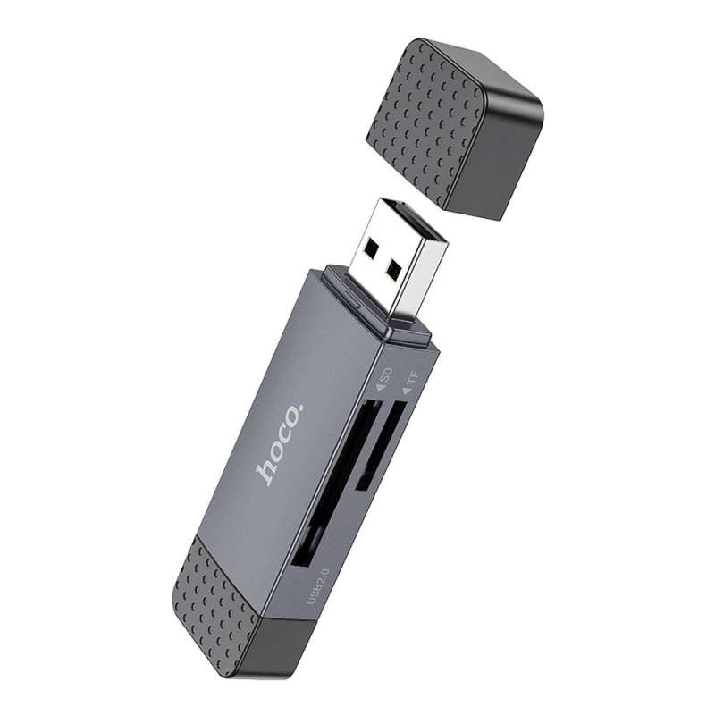 SPOTT-GR Hoco HB45 - Αναγνώστης Καρτών Μνήμης SD / MicroSD με Υποδοχή USB-A και Type-C σε Γκρι Xρώμα