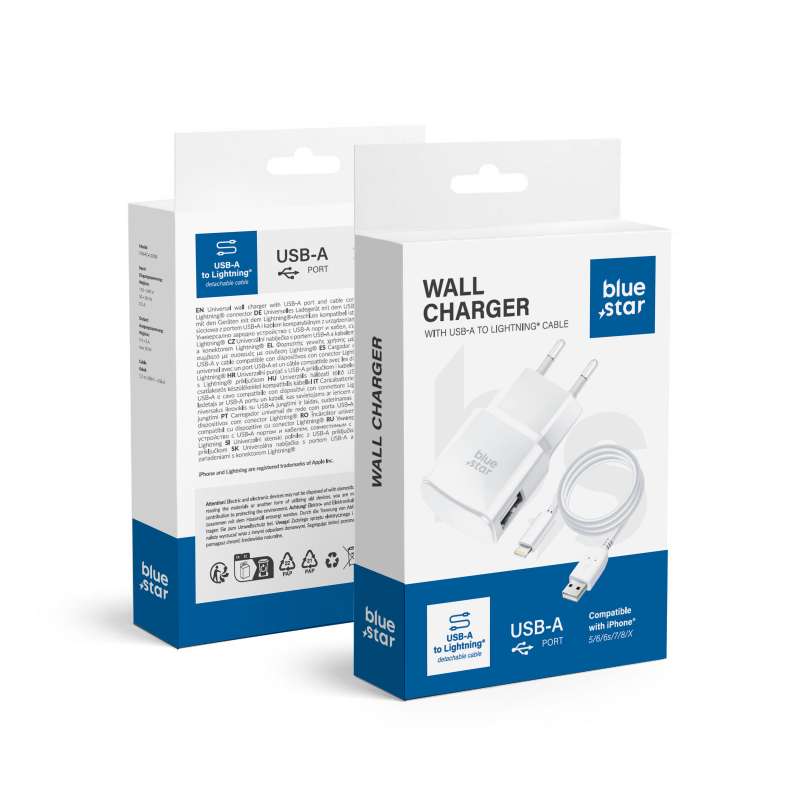 SPOTT-GR Blue Star TFK-TC-1100B - Φορτιστής USB-A με Καλώδιο USB-A σε Lightning  1A 5W - Άσπρος