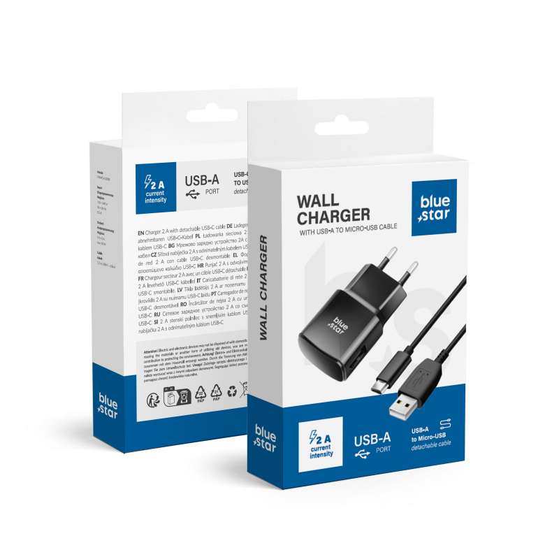 SPOTT-GR Blue Star TFK-TC-1100B - Φορτιστής USB-A με Καλώδιο USB-A σε Micro USB  2A 10W - Μαύρος