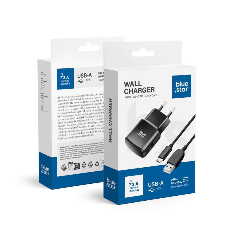 SPOTT-GR Blue Star TFK-TC-1100B - Φορτιστής USB-A με Καλώδιο USB-A σε Type-C 2A 10W - Μαύρος