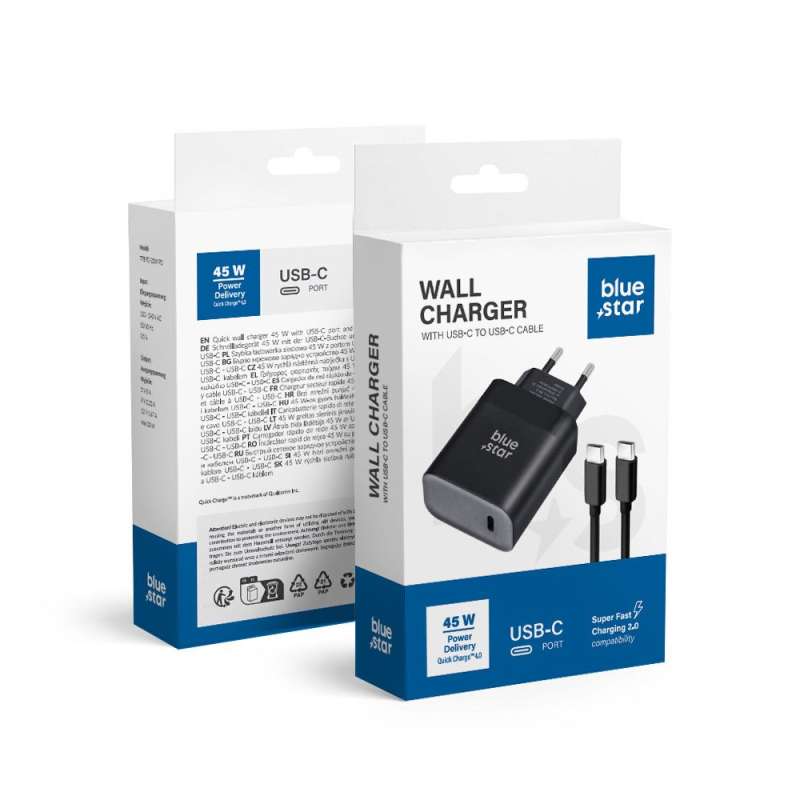 SPOTT-GR Blue Star TFB-TC-45WPD - Φορτιστής Type-C με Καλώδιο Type-C σε Type-C (QC 4.0 3A 45W) σε Μαύρο Χρώμα