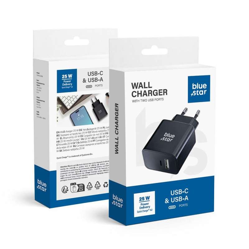 SPOTT-GR Blue Star TFB-TC-25WPD - Φορτιστής με Υποδοχές USB-A και Type-C QC 4.0 3A 25W - Μαύρος