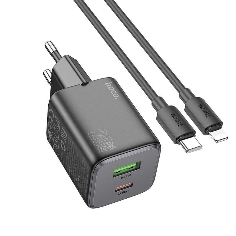 SPOTT-GR Hoco N41 - Φορτιστής με Υποδοχές USB-A / Type-C και Καλώδιο Type-C σε Lightning PD QC 3A 20W - Μαύρος