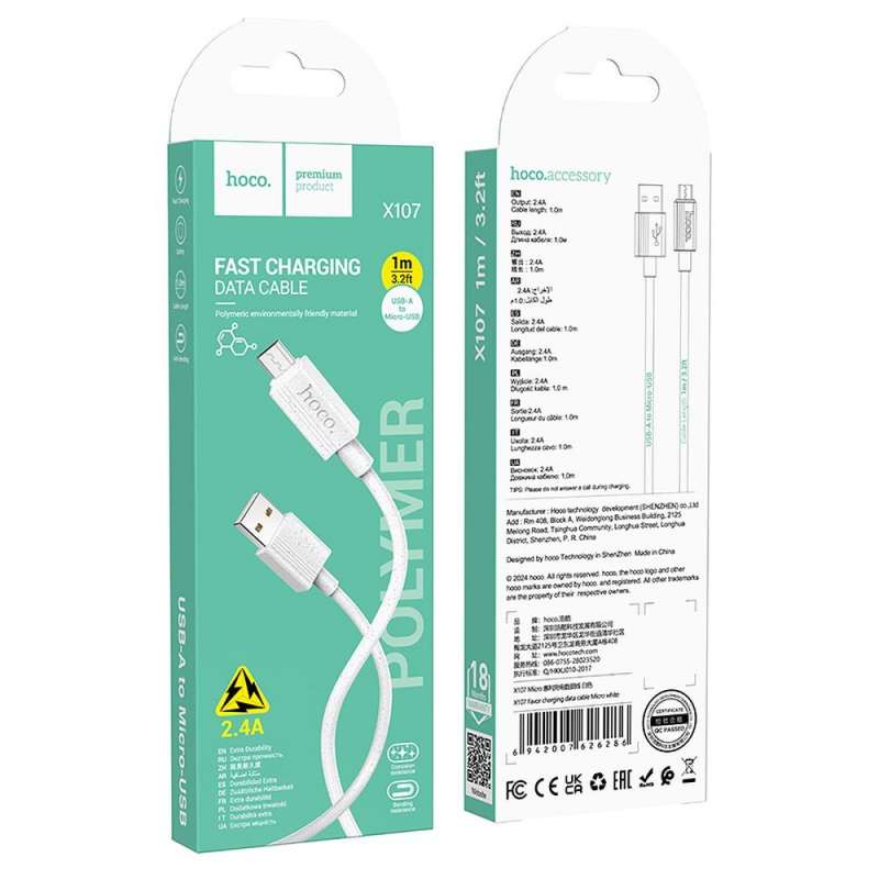 SPOTT-GR Hoco X107 - Καλώδιο USB-A σε Micro USB 2.4A 1m - Άσπρο